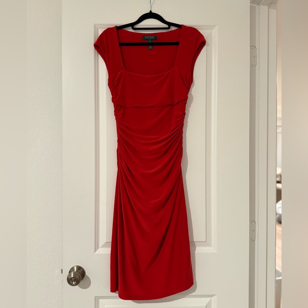 Lauren Ralph Lauren Ruched Side Dress Women 2 Red Bodycon Sheath Stretchy